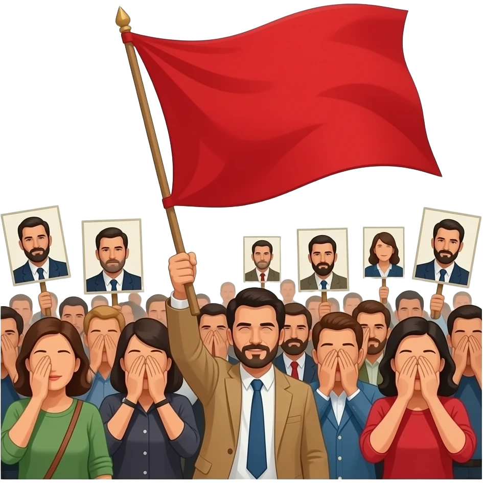 Revolution where people are flying a red flag and some coverd their face with handcutief there are sign bords on the revalutionist emoji