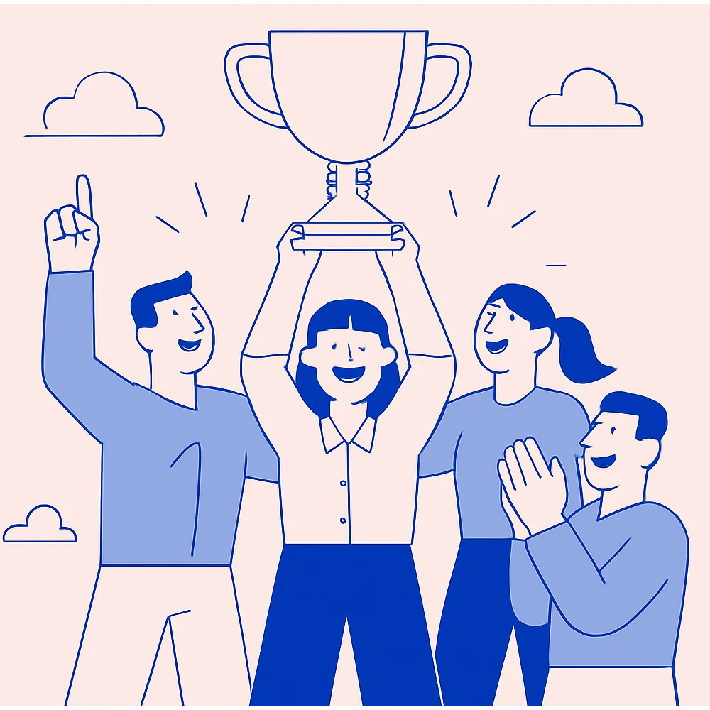 team celebrating with trophy, simple blue illustration, minimalist with bold flat blue colors and clean lines emoji