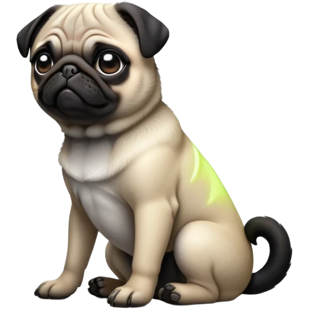 cinematic-[pug]-realistic-full-body-sitting-emoji,-tail-resting-loosely-beside-its-paws,-head-tilted-dramatically, -sleek-[black]-fur,-simplified-yet-realistic-focused-features,-highly-detailed,-glowing-with-an-almost-sarcastic-glow emoji