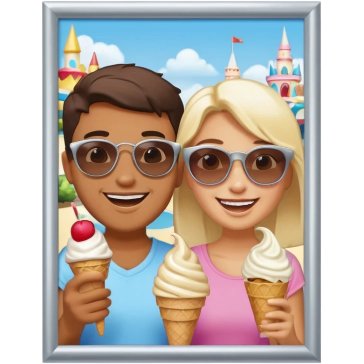 a photo in a silver frame, of 2 friends in a theme park emoji