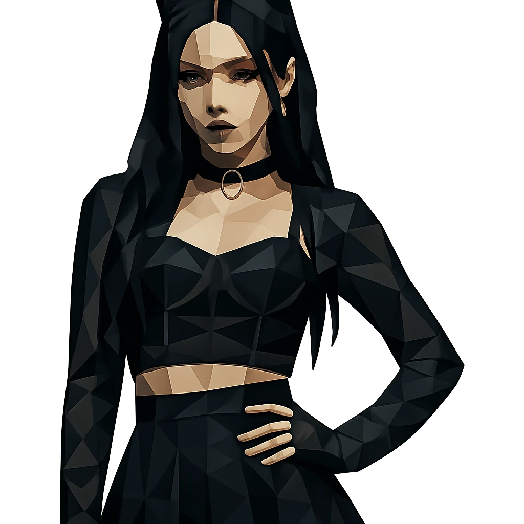 K-pop inspired gothic girl, polygonal style, geometric shapes, dark color palette, stylish stage outfit emoji