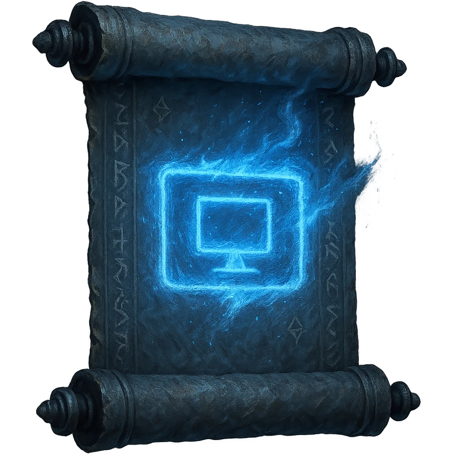 Windows 11 'My PC' icon reimagined as a glintstone sorcery scroll from Elden Ring. The scroll is blue-gray, weathered, and ornate, with arcane runes and a glowing blue magical effect in the shape of a computer monitor or screen, echoing the original icon. Mystical, ancient, and magical, with a transparent background. emoji