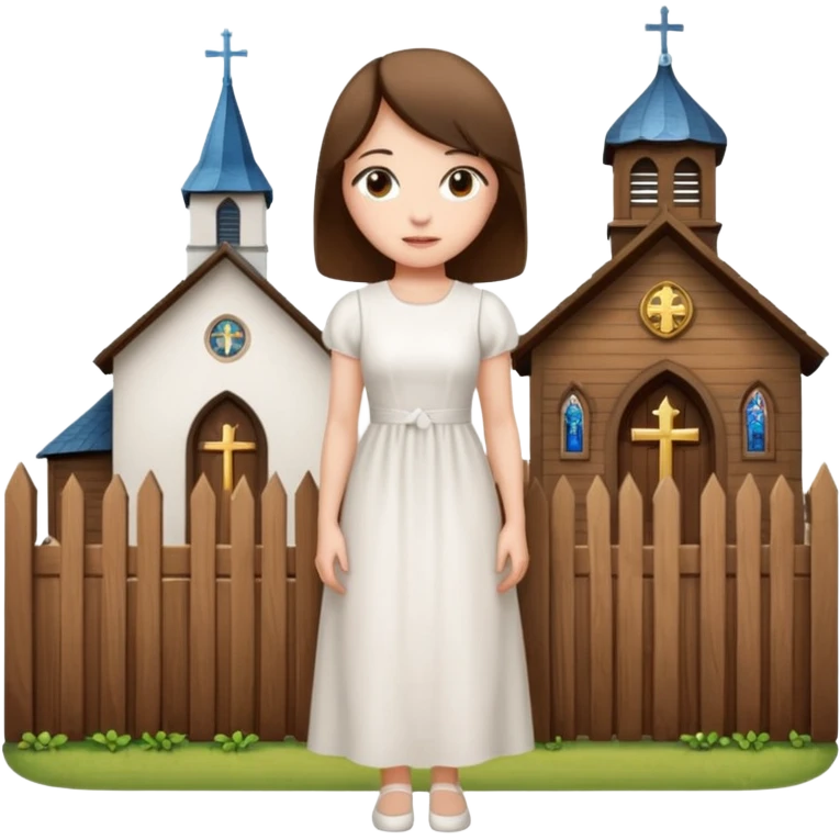 woman next to a church, surrounded by a fence emoji