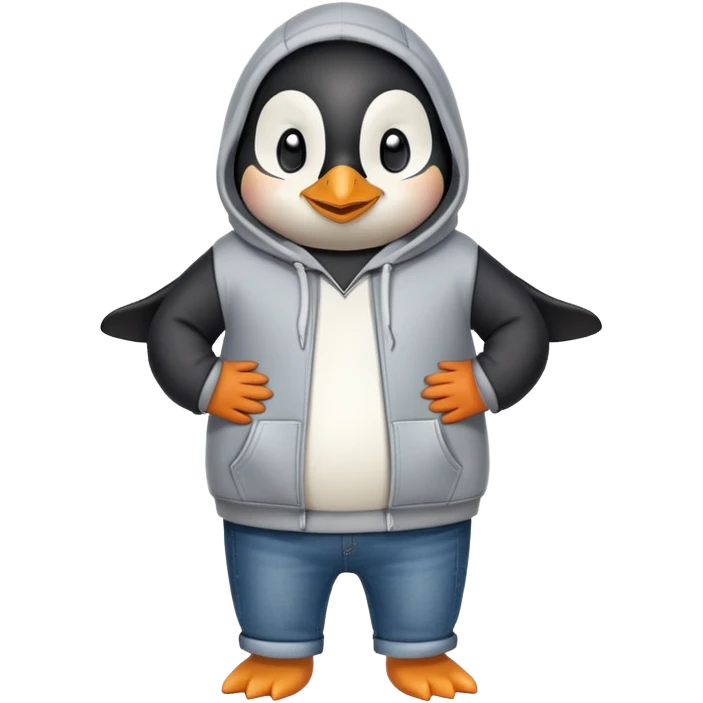 friendly anthropomorphised penguin in a hoodie and jeans standing with arms folded, smiling emoji
