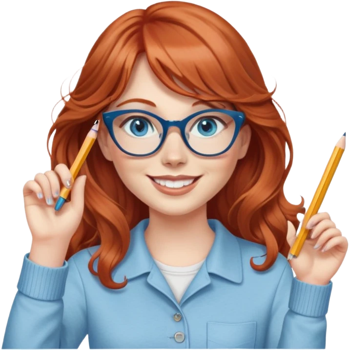 redheaded woman with very long wavy hair and bangs, blue eyes, clear cat-eye glasses, casual chic outfit, holding a pencil, smiling, waving emoji