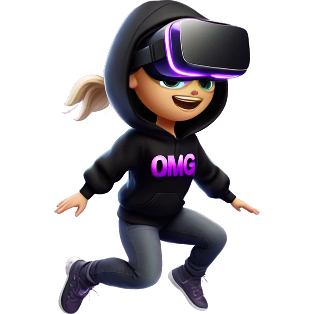 Russian girl wearing black hoody with violet letters "OMG", in vr headset oculus quest2. jumping. Cyberpunk style. Violet neon. emoji