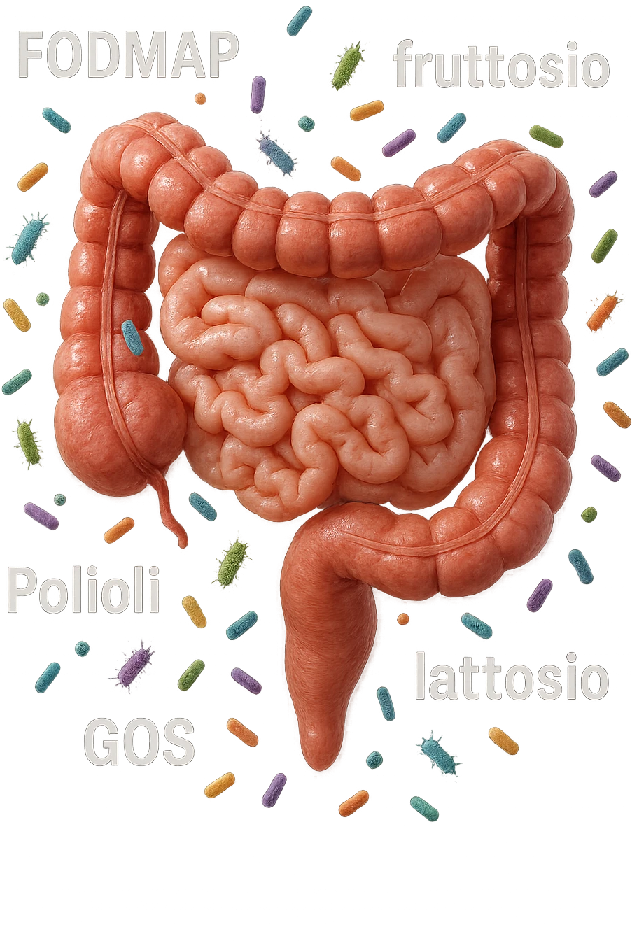 intestino umano anatomico con parole TIPO "FODMAP, fruttosio, lattosio, GOS, Polioli" in italiano CHE GLI FLUTTUANO INTORNO INSIEME A BATTERI INTESTINALI, iperrealistica 4k emoji