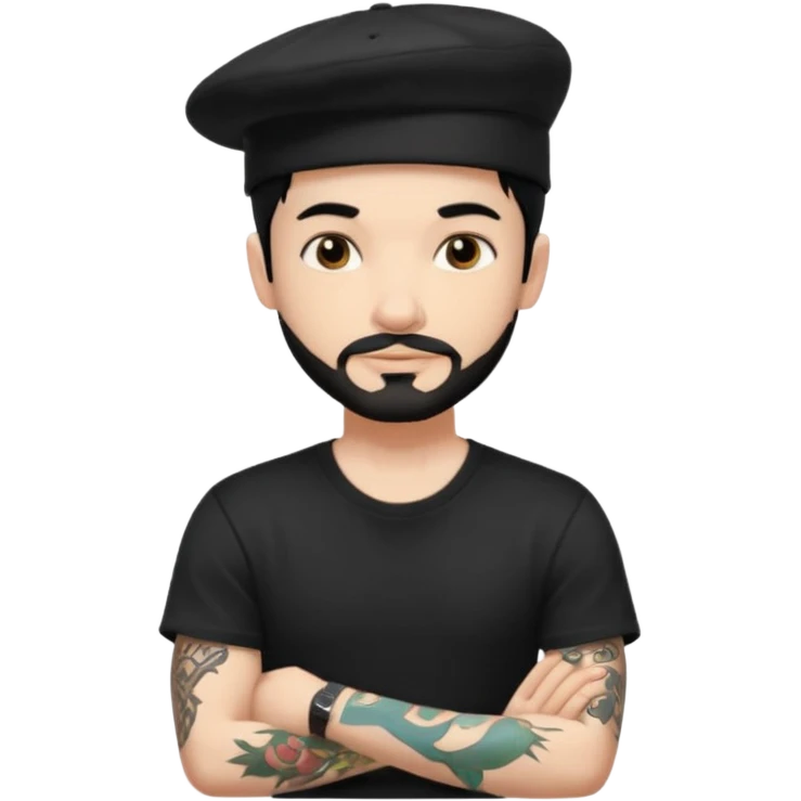 White guy with black hat back with little facial hair and black t shirt with tattoos emoji