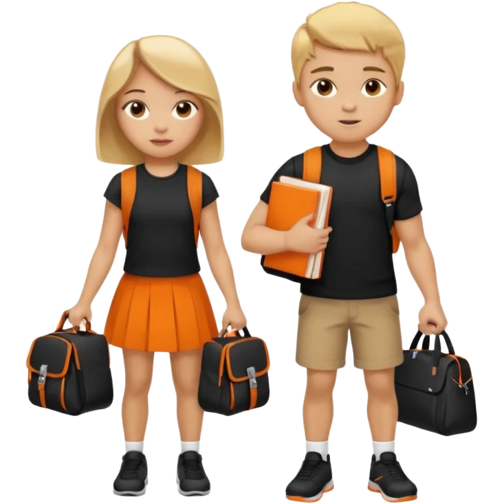 light skin students girl and boy with school bag full of books on hand and dumbell in other hand. Clothes are in black and orange colours. They are going to the gym. They have brown and blonde hair emoji