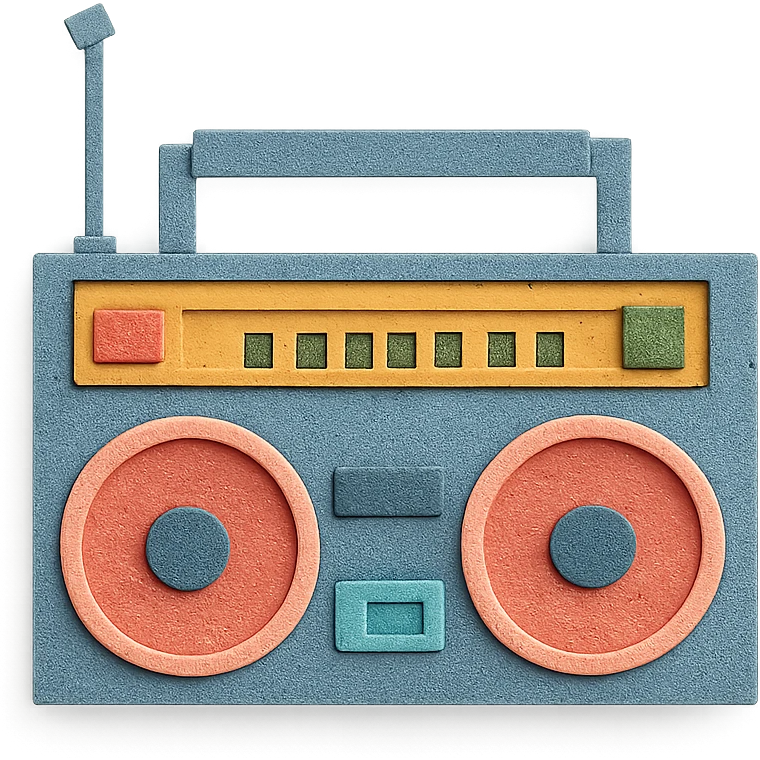 retro boombox with visible paper textures, front view, paper-craft style emoji
