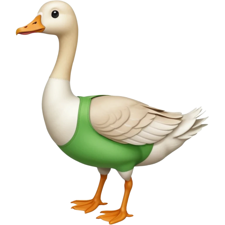 "Emoji of a white running goose with a very very long neck and two legs. The goose wears bright green dungarees." emoji