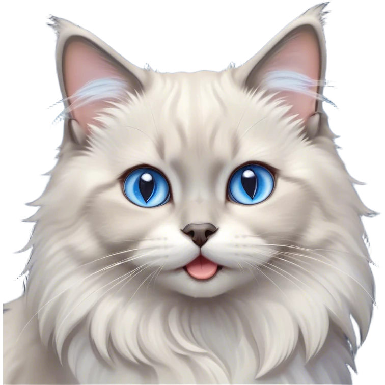 Cinematic Adorable Fluffy Light Grey Mantle Ragdoll Cat Portrait Emoji, Head tilted cutely with big, sparkling blue eyes, soft light grey fur with darker points on the ears, face, and paws, Simplified yet irresistibly adorable features, highly detailed, glowing with a soft, warm glow, high shine, yawning in a peaceful and playful manner, stylized with a touch of whimsy, bright and endearing, soft glowing outline, capturing the essence of a relaxed and loving kitten, so cute it feels like it could leap out of the screen and stretch into a cozy nap! emoji