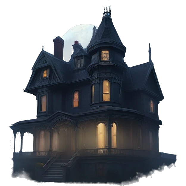 Fantastic Wide full view, A very roomy ramshackle gothic Victorian Addams’s mansion looms through light fog at midnight  emoji