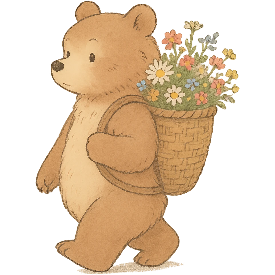 bear carrying a basket of wildflowers, soft pastel brown and cream, ghibli style emoji