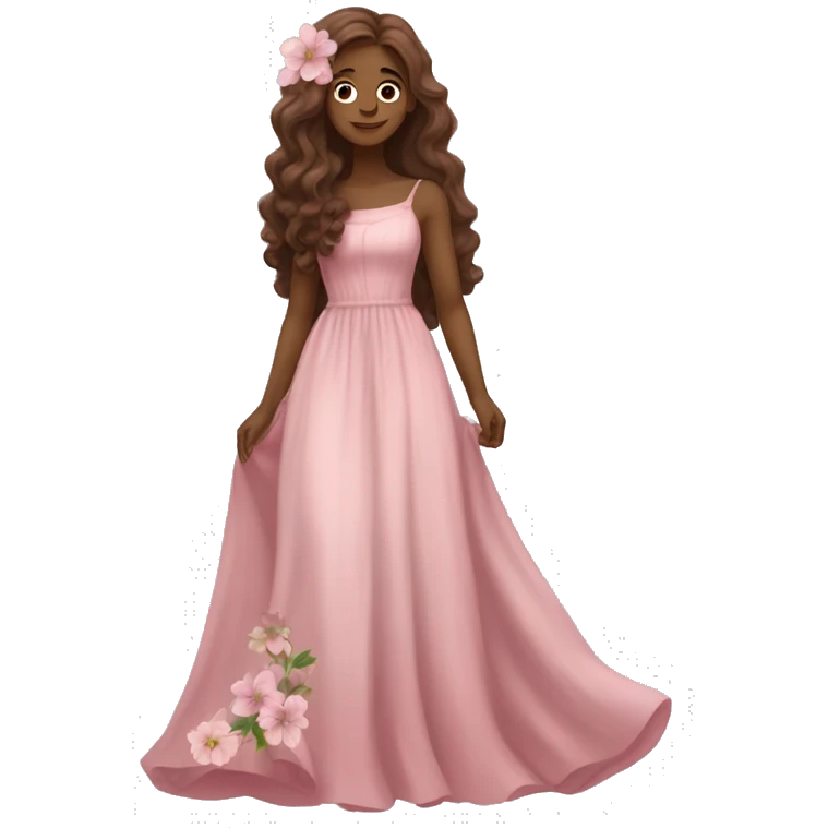 Full body, white skinned princess, wearing a long flowy pink dress, and flowers in her long, slightly wavy, brown hair emoji