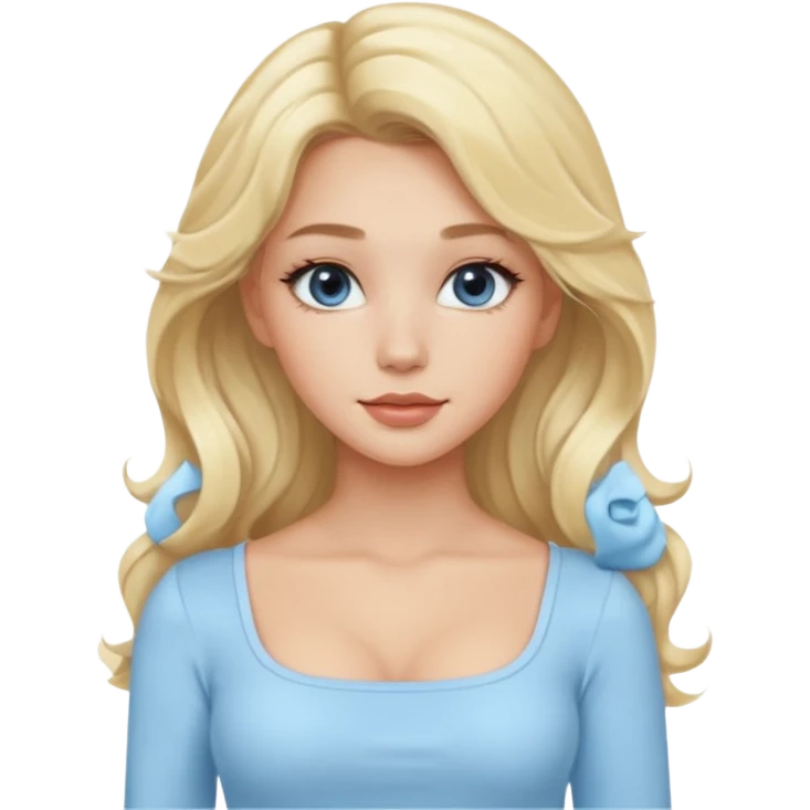 pretty girl blonde wavy long hair makeup light baby blue skin tight square neckline long sleeve top emoji