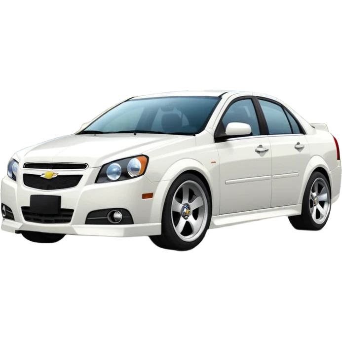 A cinematic, high-detail photograph of a glossy white Chevrolet Optra Magnum sedan with tinted windows and custom alloy rims emoji