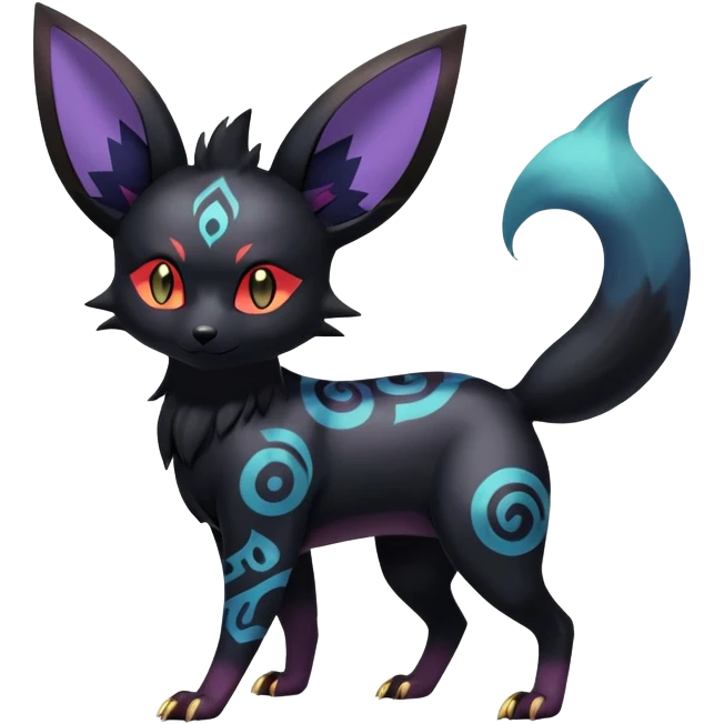 Shiny Exotic Badass Colorful Ethereal Royal Mysterious Gothic Umbreon-Zorua-Litten-Noibat-Pokémon-Fakémon-hybrid-creature (full body) with random pattern-markings emoji