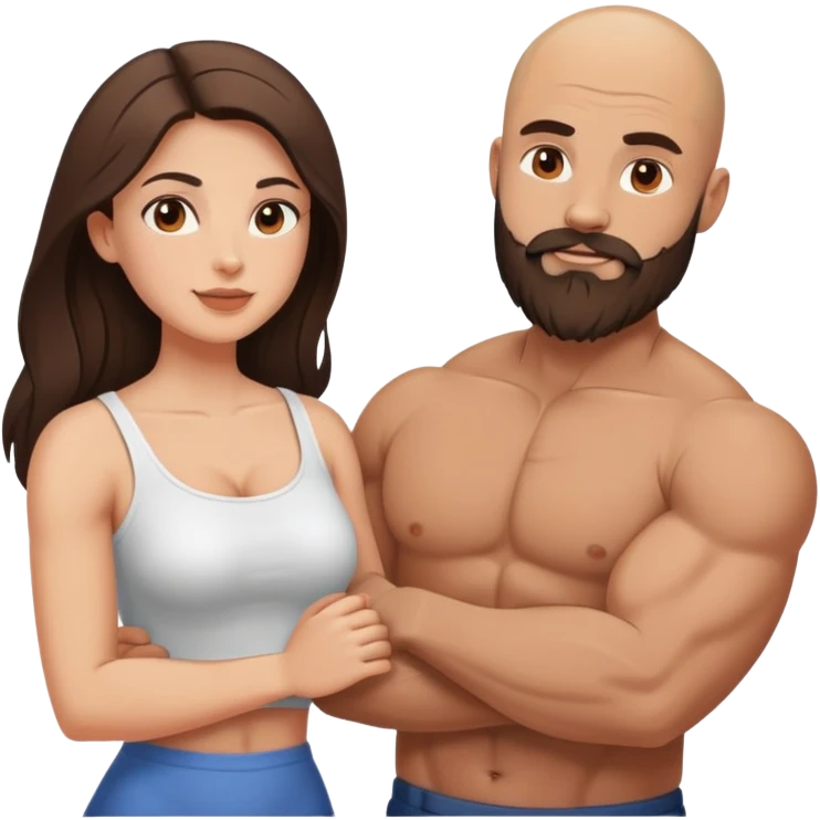 Muscular Bald man with a beard in love with his young brunette wife  emoji