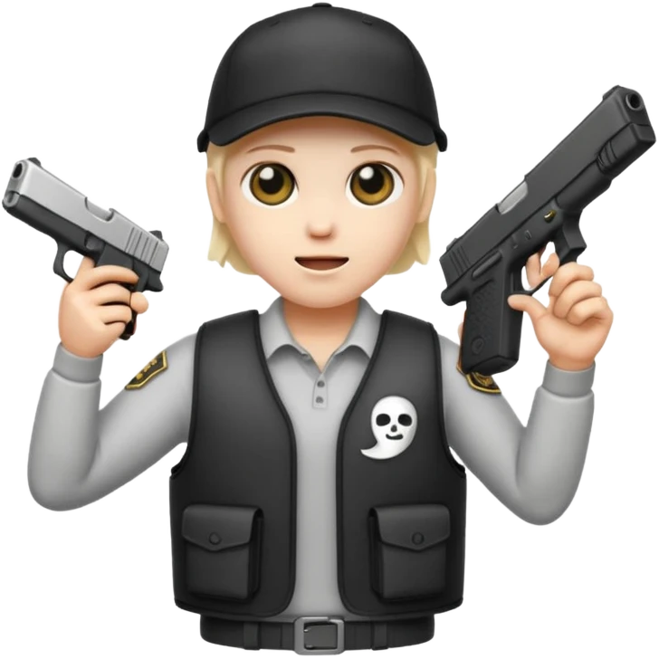 Emoji de fantasmita con una Glock 17 en la mano izquierda, con gorra y un chaleco antibalas  emoji