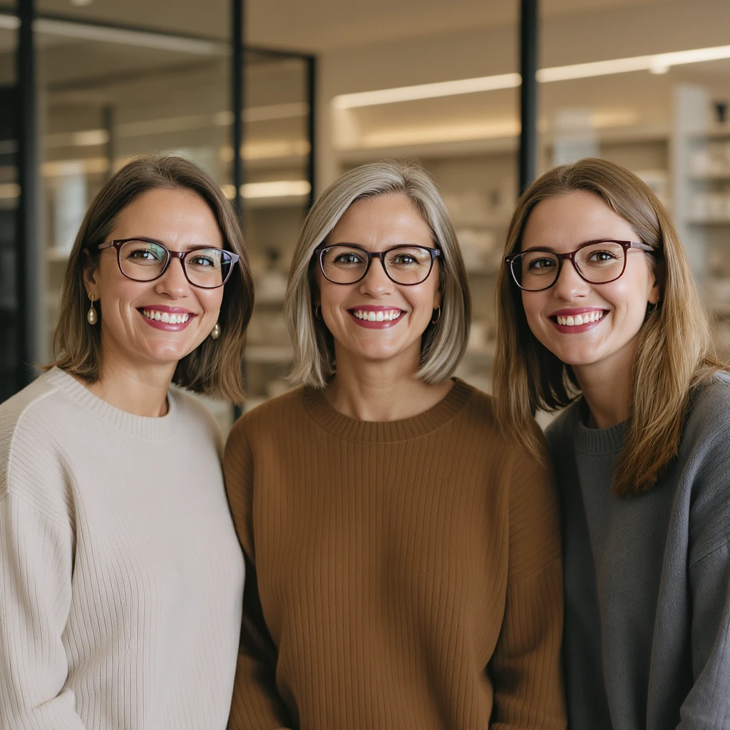 Cinematic still of a smiling three european white womans with glasses smiling, minimalistic ophthalmologist interior in background, leading  lines, rule of thirds emoji