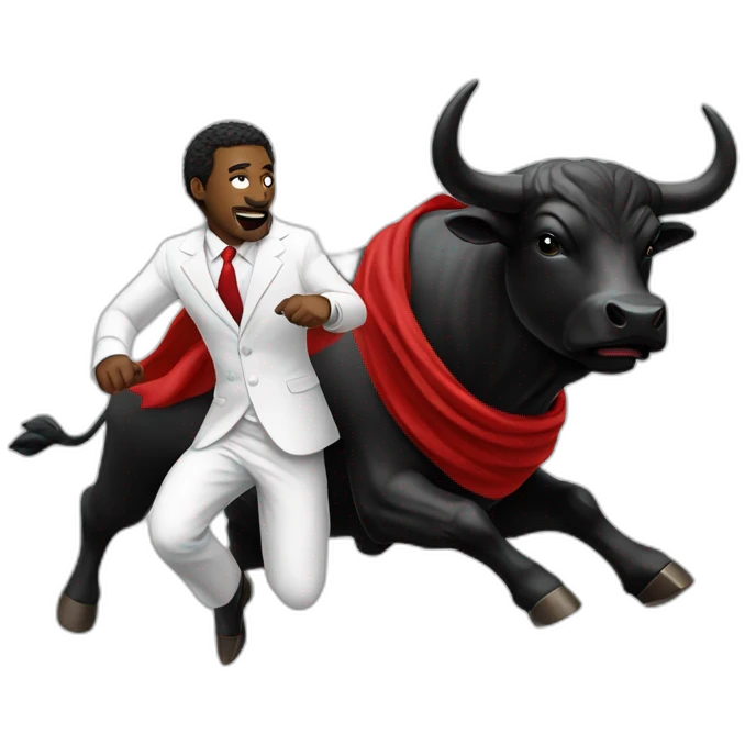 black bull chasing man in white suit with a red scarf emoji