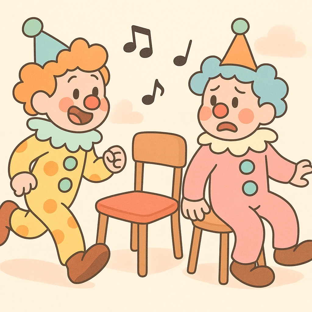 two clowns playing musical chairs, soft colors, cute and whimsical pastel toon style emoji