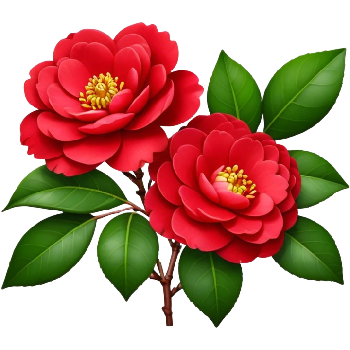 bouquet Red Camellia, luxuriant, stem, leaf, bud emoji