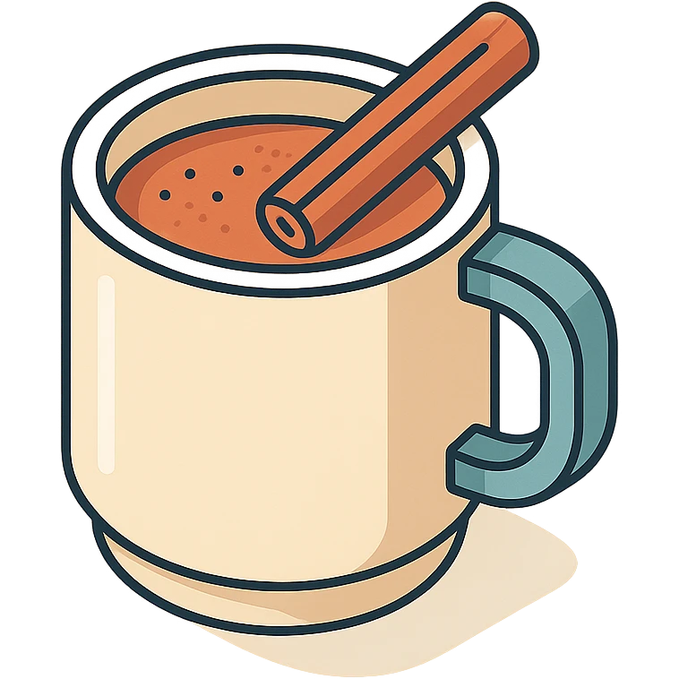 coffee mug with cinnamon, isometric view, 2D isometric style, detailed drawing, detailed shadows and highlights, clean contours, soft lighting, transparent background emoji