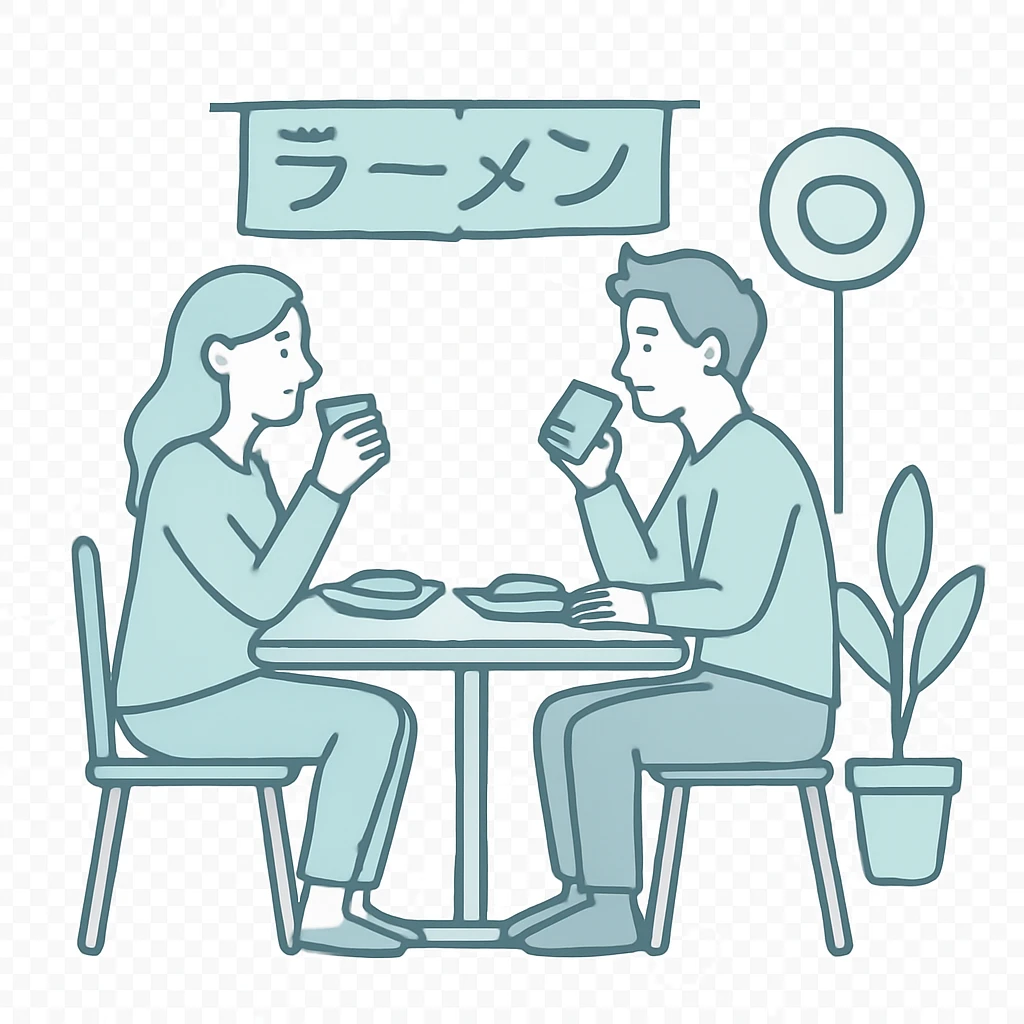 A minimalist illustration of a couple sitting across from each other at a small table in a Japanese street cafe, enjoying tea and food, with soft lines and pastel colors emoji