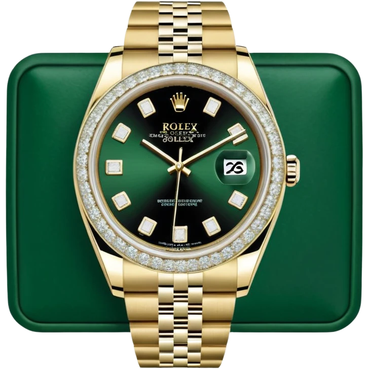A imagem mostra um Rolex Datejust "Iced Out", totalmente coberto por diamantes na caixa, luneta e pulseira Jubilee. O mostrador também é cravejado (estilo pavé), apresentando algarismos romanos pretos e a lente de data Cyclops. O relógio é exibido em sua caixa oficial verde e bege. emoji