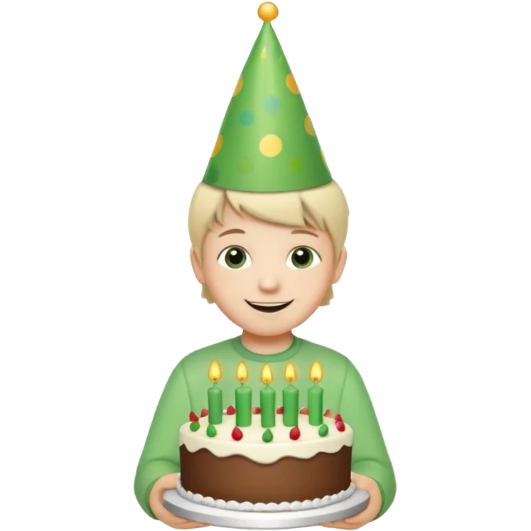 smiling child wearing a green birthday hat, standing in front of a small birthday cake with green details, cheerful and festive atmosphere emoji