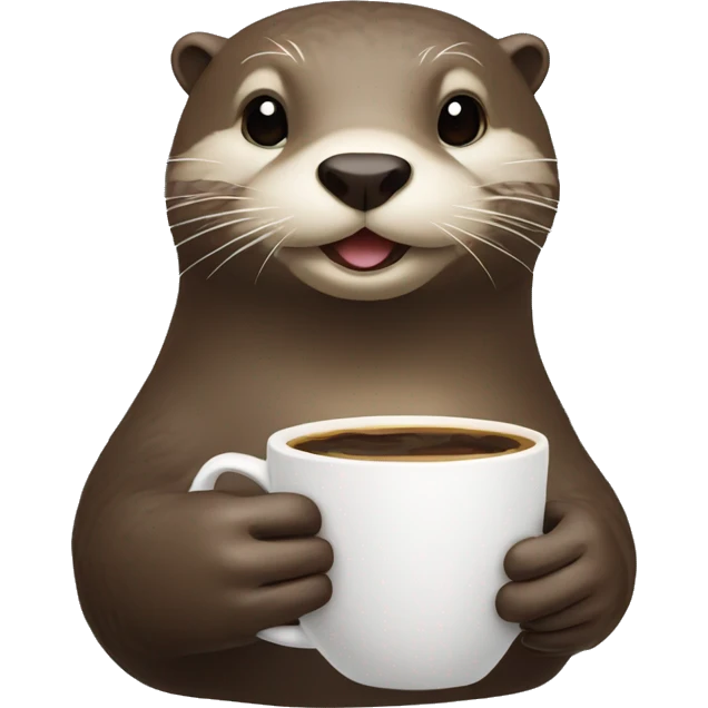 otter holding a cup of coffee in one hand and croissant in another.   emoji