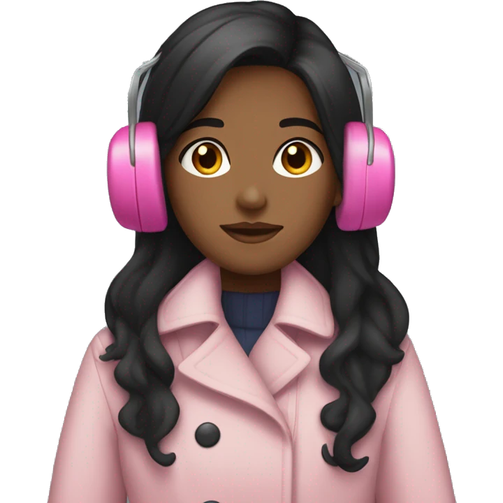 Long black hair brown skin Girl with pink earmuffs and trench coat on  emoji