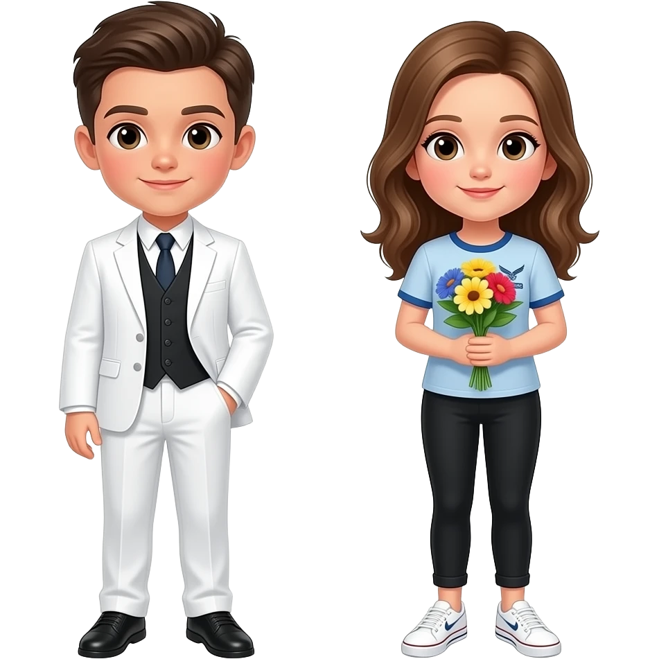 create a young boy ang a young girl, the boy wearing a white suit and black vest, she's wearing a black pants and black shoe,she's holding a flowers. the girl wearing a skirts and a air force 1 white. emoji