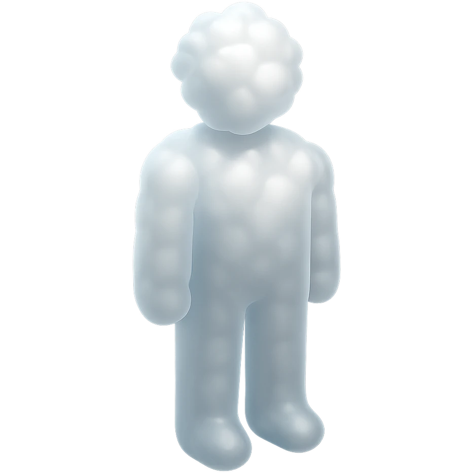 a person standing straight, made entirely of white fluffy convex clouds up to the shoulders, matte glass style emoji