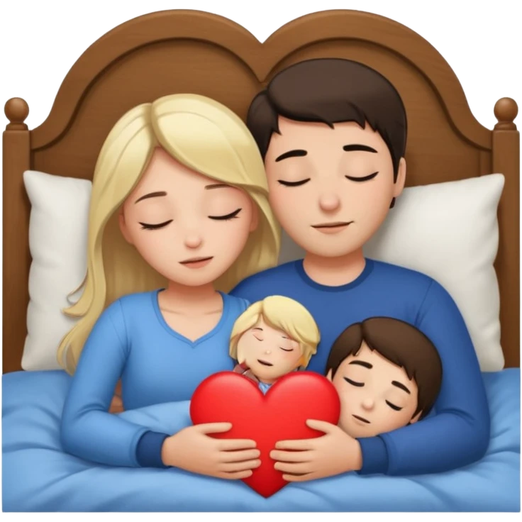 cuddling in bed, asleep. blonde girl. brunette man. eyes closed. heart between them. no headboard emoji
