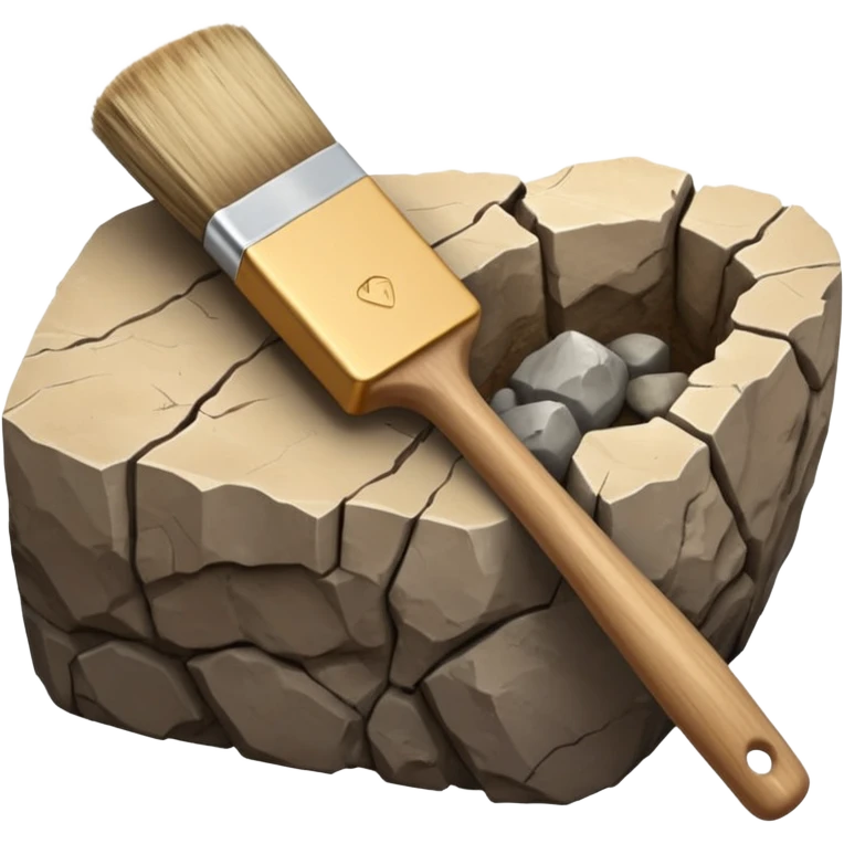 3D render of Archeology Brush, embedded in a chunk of rough sedimentary rock, cracked stone texture, ancient fossil aesthetic,pale wooden handle with dusty beige bristles, matte dry finish, Apple emoji style, isolated on white background --v 6.0. emoji