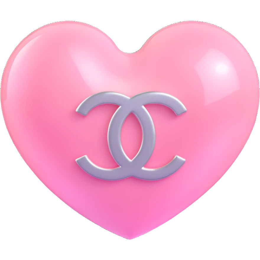 Remove the diamond accent, keep only the glossy white heart with a soft pink glow and silver Chanel logo, elegant, white and silver color scheme, 3D emoji style, keep the background transparent except for the glow. emoji