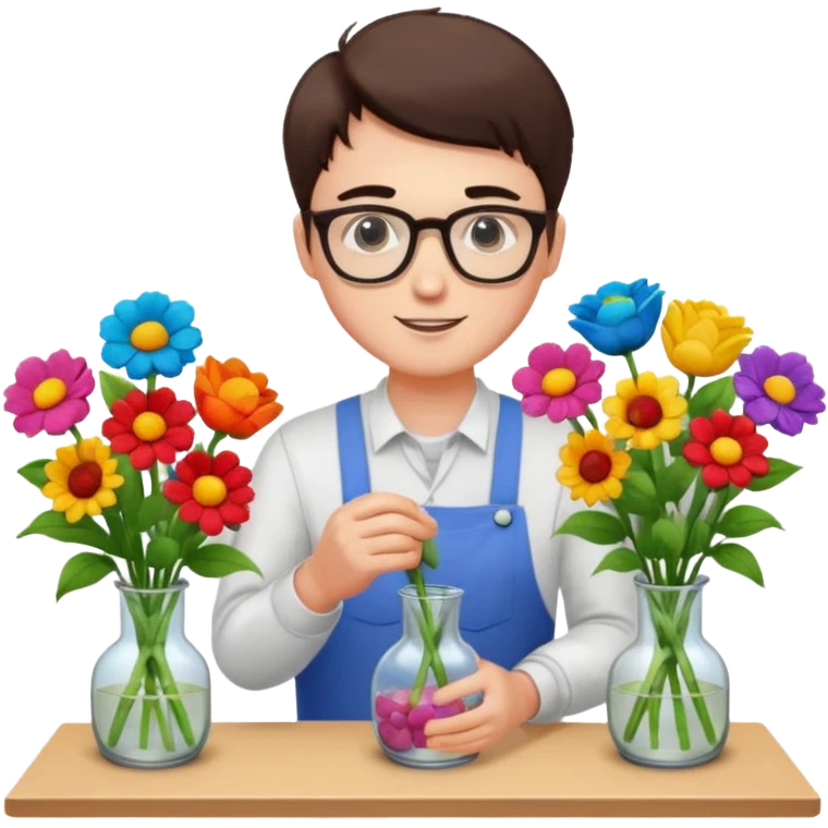 Young male florist – wearing glasses, arranging flowers in a vase. emoji
