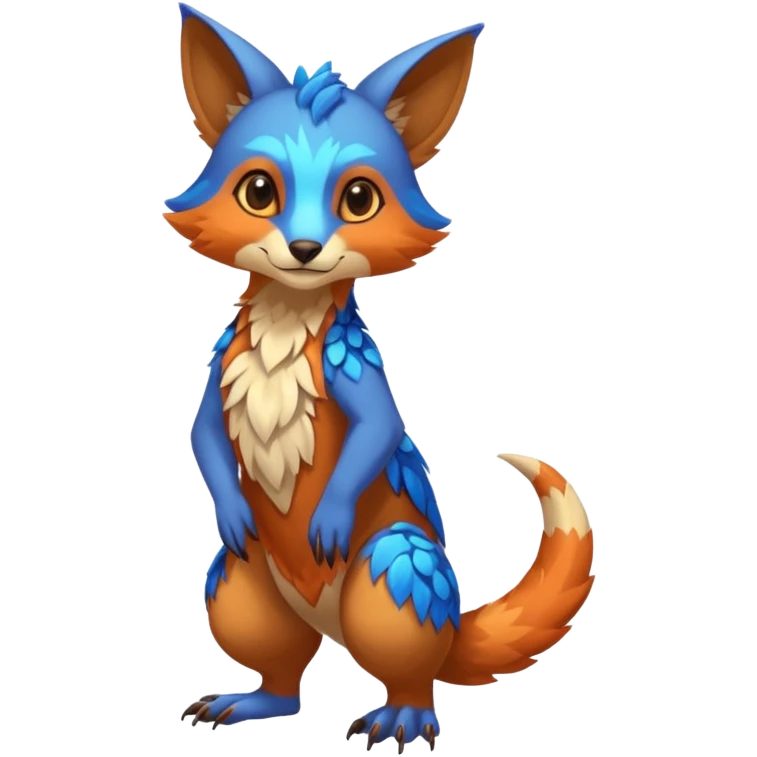 Colorful brown with blue and orange tropical exotic shiny beautiful fantasy-Vernid-Cacomistle-animal-Fakémon-hybrid-fursona (full body) emoji