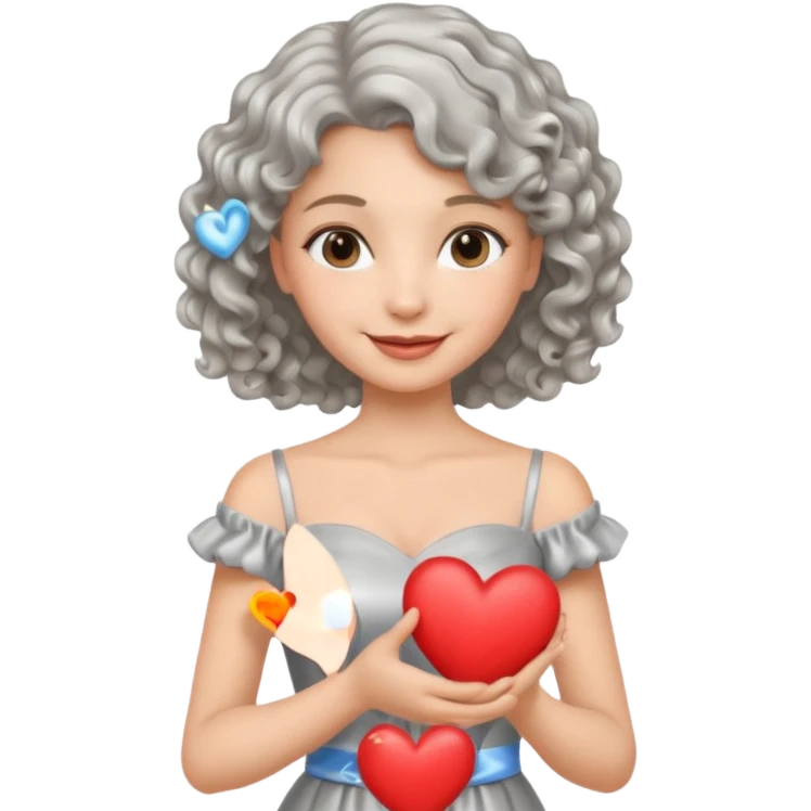 silvery curly/wavy shoulder-length hair smiling lady holding a heart emoji