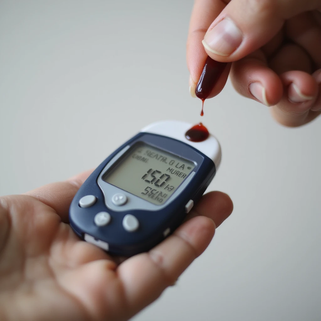 close-up of a glucometer showing high values, next to a hand with a drop of blood, neutral background, Italian text 'Controlla la tua glicemia – Diabete di tipo 2', 4K quality emoji