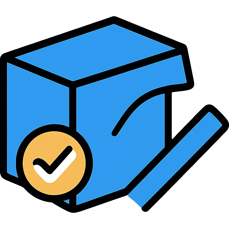 Blue box with a white checkmark in the middle and a slanted blue box emoji