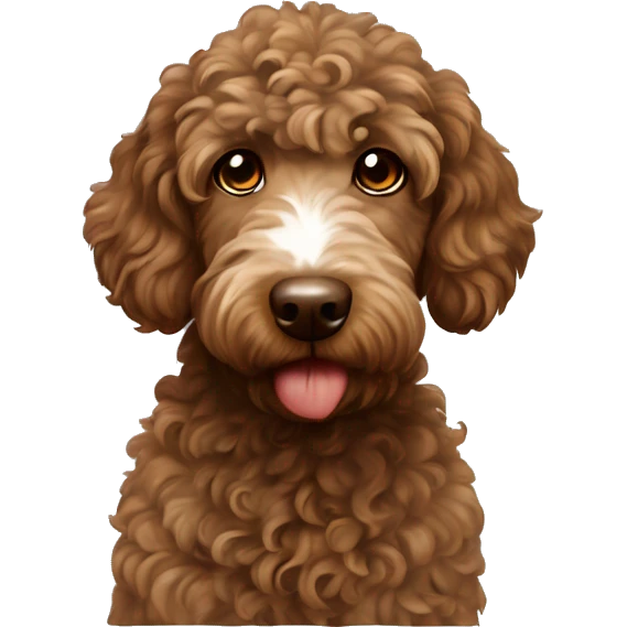Curly brown sproodle with a white streak of fur on the chest  emoji