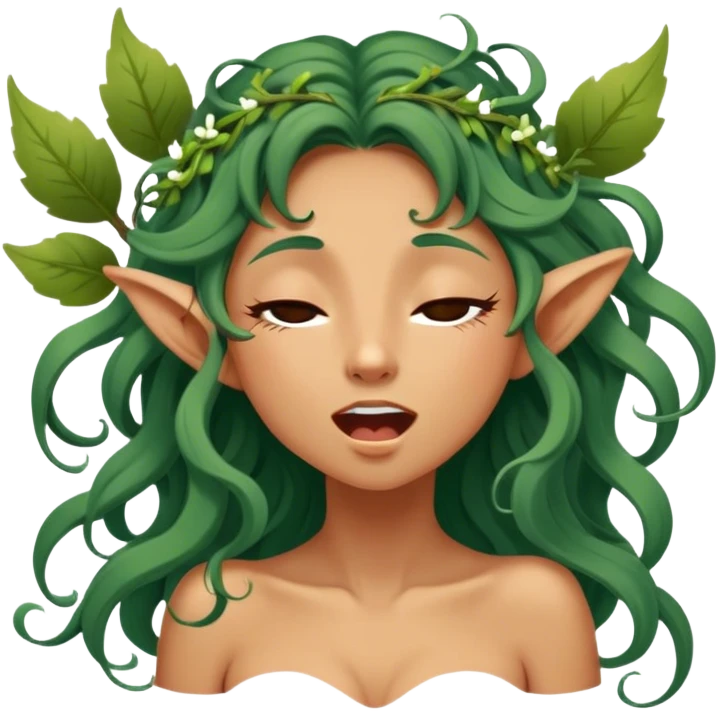 Cinematic Realistic Forest Nymph Fairy Portrait, head tilted slightly with a dramatic, wide-open yawn, revealing a tender, relaxed visage with finely detailed tanned skin and flowing, vine-adorned hair gently framing her face. Her sleepy eyes exude a serene, dreamlike quality as soft natural sunlight filters through the canopy, capturing the essence of a drowsy yet captivating forest nymph drifting into peaceful slumber. emoji