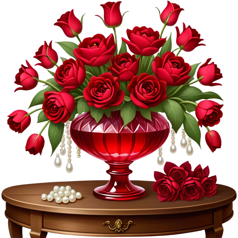"A romantic still life of a crystal-clear red glass vase brimming with a lavish mix of scarlet roses, tulips, peonies, and silk-like pansies, with pearl-hued ribbons cascading gracefully over a vintage wooden table."
 emoji