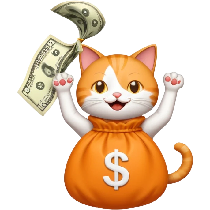 joyful cat pouncing into a money bag with big dollar sign, modern and playful, emoji style emoji