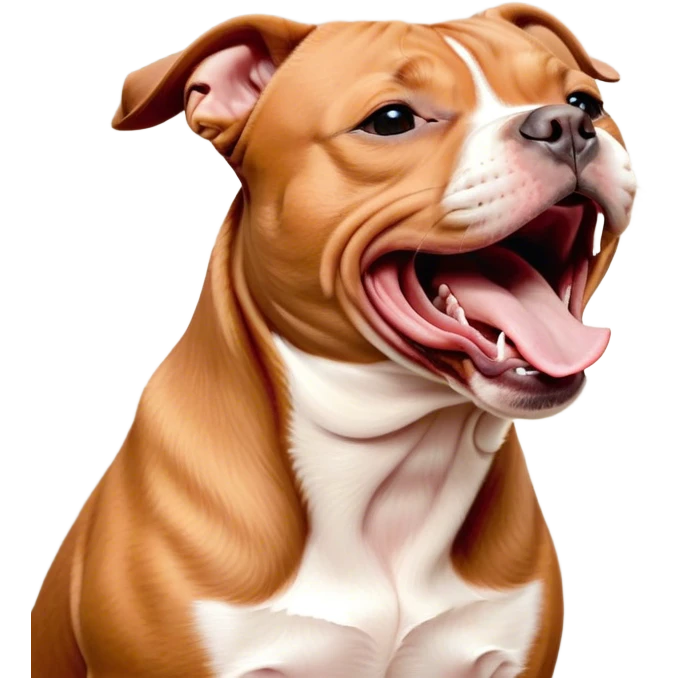 Cinematic Cute Yawning Red/Fawn Staffordshire Bull Terrier Portrait Emoji, Head tilted slightly with a dramatic, wide-open yawn, showcasing a smooth red/fawn Fur with crisp white accents, floppy ears slightly drooping, round dark eyes barely open in drowsy contentment, Simplified yet irresistibly adorable features, highly detailed, glowing with a soft, cozy glow, high shine, relaxed yet expressive, stylized with a touch of whimsy, bright and endearing, soft glowing outline, capturing the essence of a sleepy yet affectionate guardian, so drowsy it feels like it could stretch right out of the screen and curl up for a nap! emoji