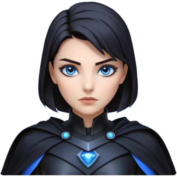 dark sci-fi villain female portrait, head and shoulders only, black armor, cape collar, intense eyes, sharp confident expression, subtle futuristic makeup, dramatic lighting, 3D cartoon, mobile game icon style, clean background, no text, no watermark
 emoji